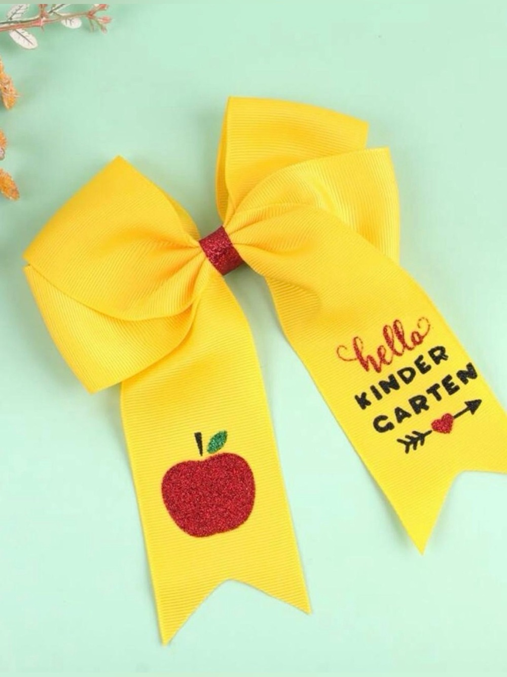 Yellow "Hello Kindergarten" Glitter Apple Hair Bow for Kids BRAND NEW NEVER USED